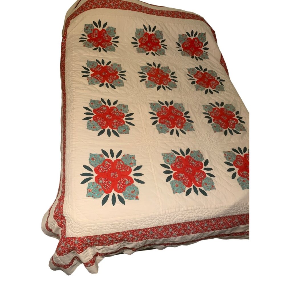 Vintage Lancaster Country Rose Applique` Hand Sewn Quilt 90X70" Full Queen Red G